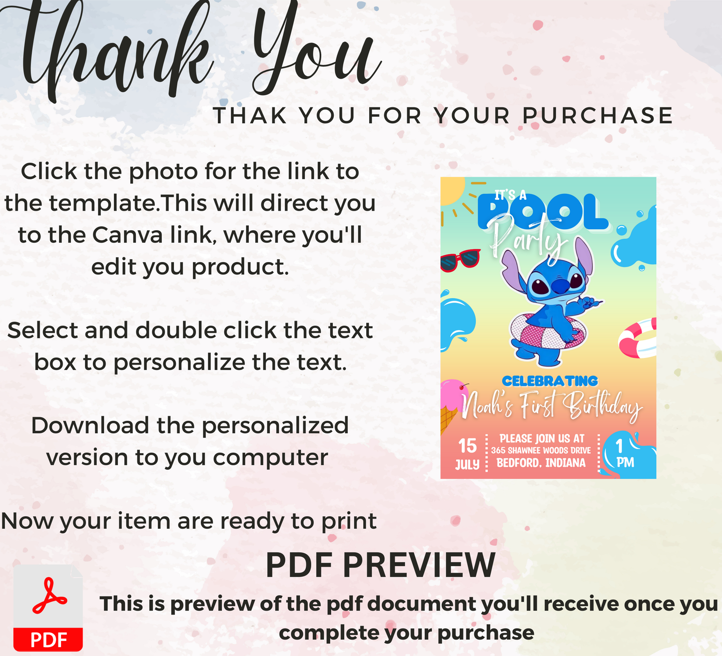 Stitch Pool Blue Birthday Invitation | Summer Swim Party | Editable Canva Template