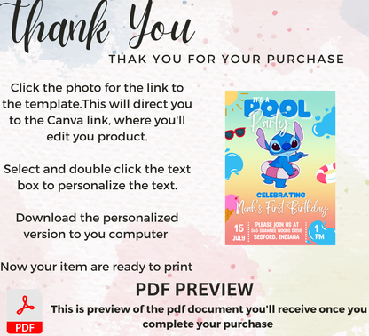 Stitch Pool Blue Birthday Invitation | Summer Swim Party | Editable Canva Template