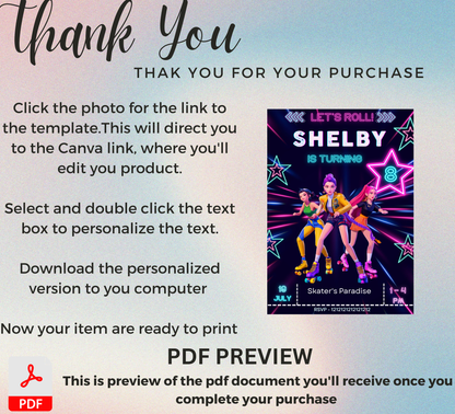 K-Pop Demos Neon Roller Skating Birthday Invitation | Glow Party Skate Invite | Editable Canva Template | K-Pop Birthday Printable
