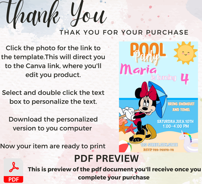 Minnie Mouse Pool Birthday Party Invitation | Pink Summer Swim Party | Editable Canva Template