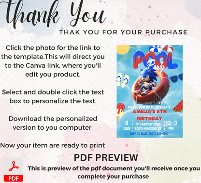 Sonic Pool Birthday Invitation | Summer Splash Party Invite | Editable Canva Template | Sonic Swim Birthday Invitation