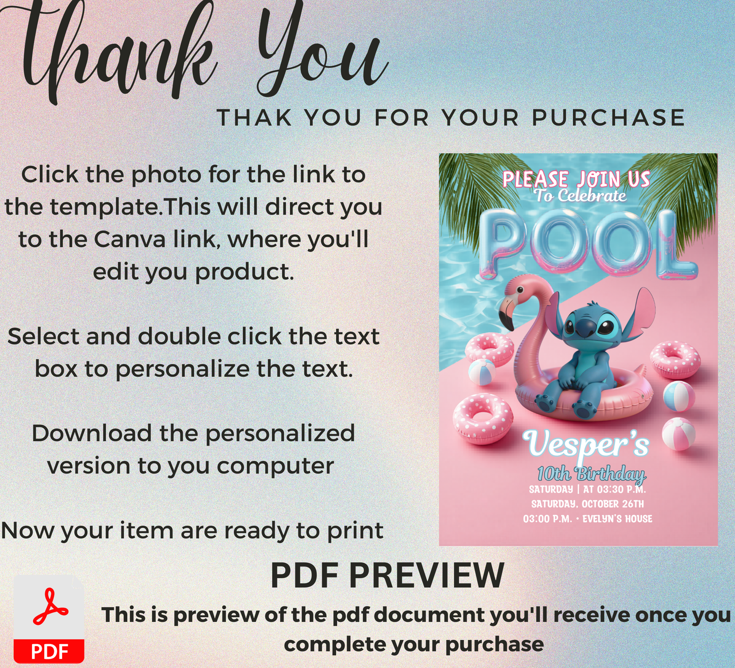 Stitch Pool Party Birthday Invitation – Editable Canva Template – Tropical Summer Swim Party Invite – Blue Alien Splash Birthday Invitation