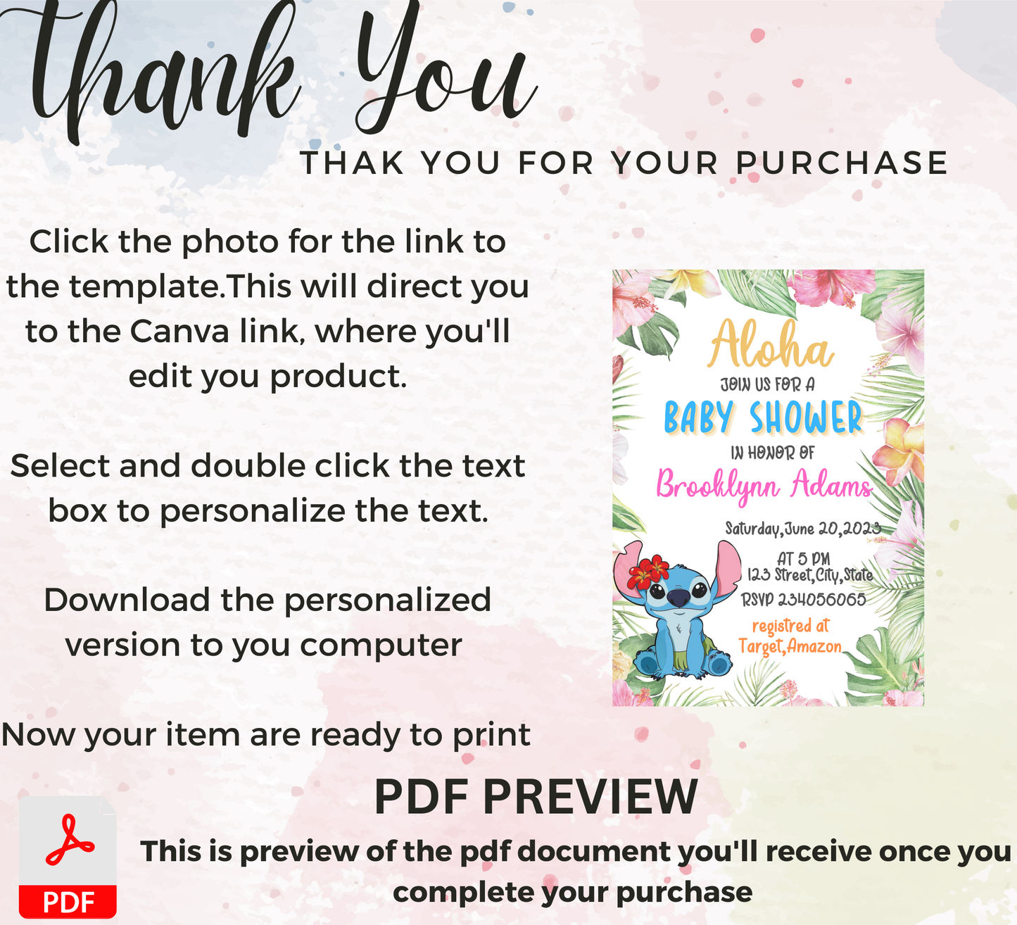 Stitch Baby Shower Aloha Hawaii Invitation | Tropical Girl or Boy Baby Shower | Editable Template
