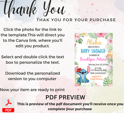 Stitch Baby Shower Aloha Hawaii Invitation | Tropical Girl or Boy Baby Shower | Editable Template