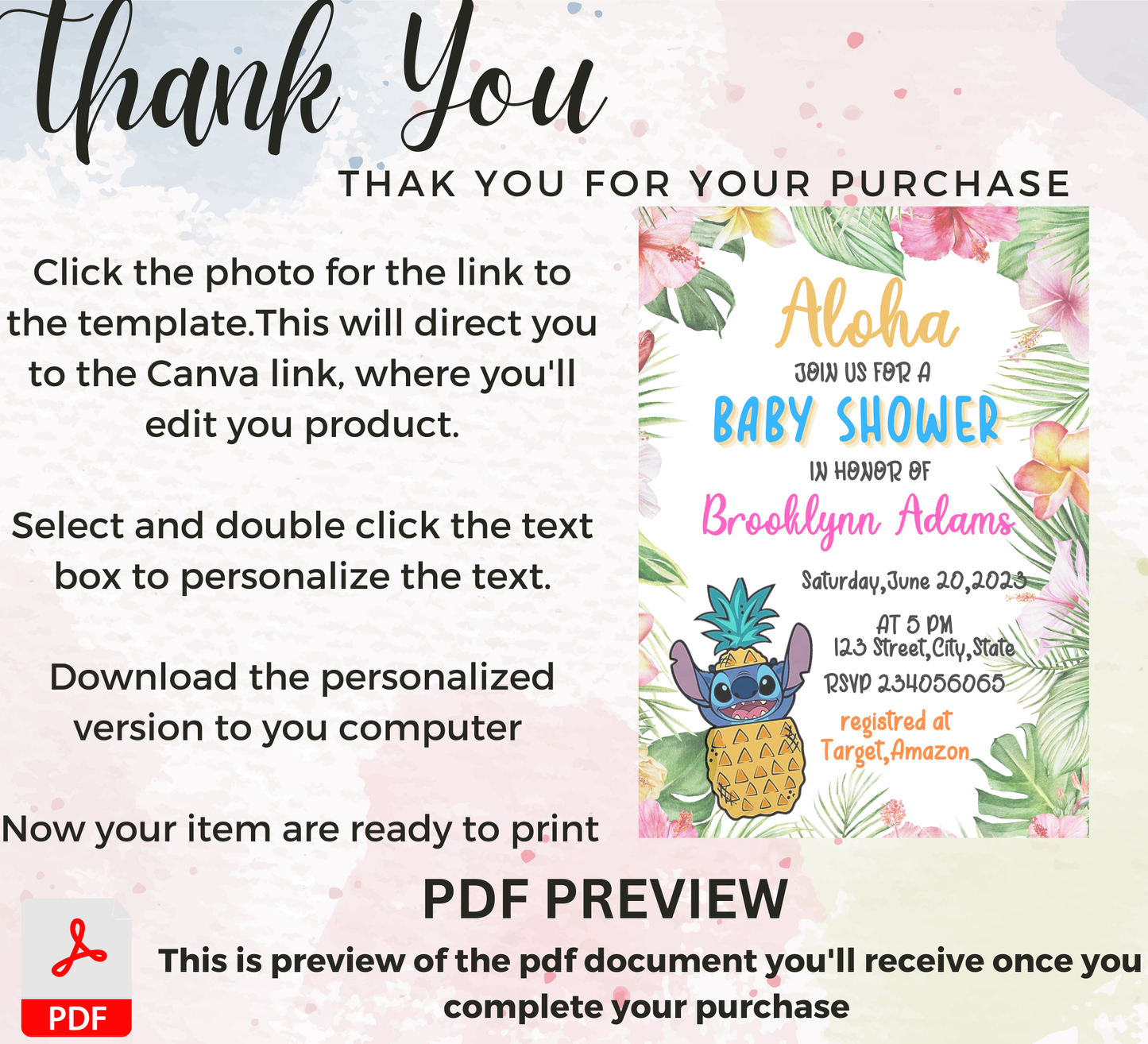 Stitch Aloha Baby Shower Invitation | Tropical Hawaii Luau Theme | Editable Canva Template