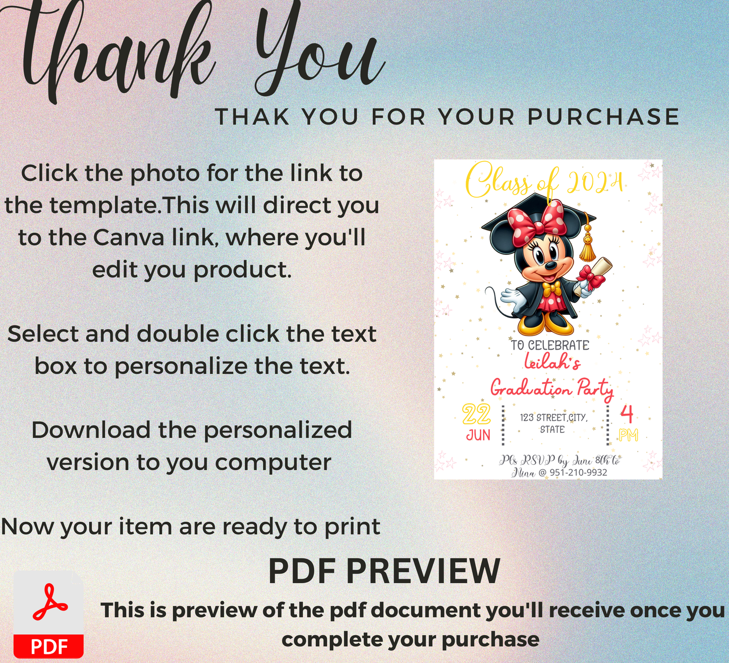 Minnie Mouse Graduation Invitation | Kindergarten & School Invite | Editable Canva Template | Cute Minnie Class of 2026 Graduation Party