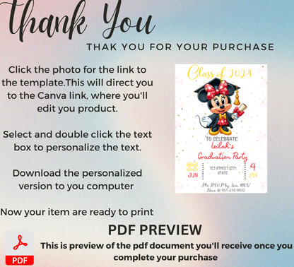Minnie Mouse Graduation Invitation | Kindergarten & School Invite | Editable Canva Template | Cute Minnie Class of 2026 Graduation Party