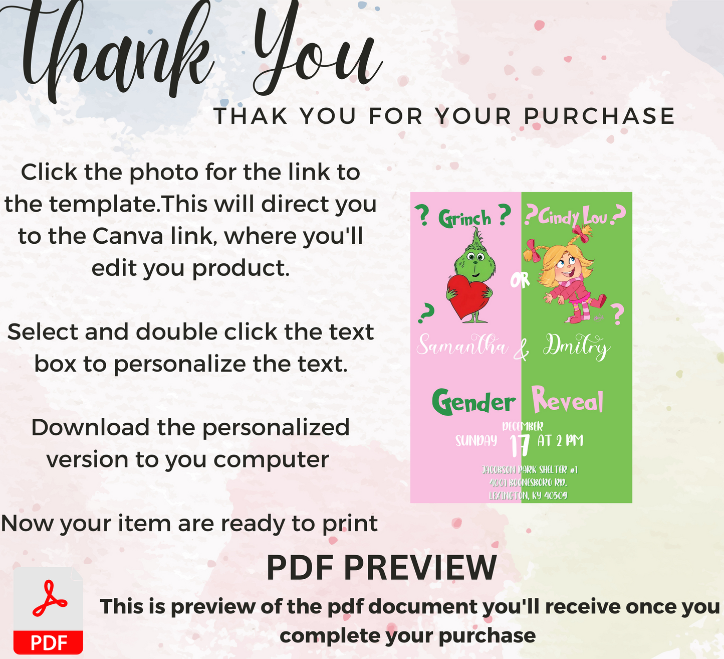 Grinch and Cindy-Lou Gender Reveal Invitation | Pink & Green Holiday Theme | Editable Canva Template | Printable Gender Reveal Party Invite