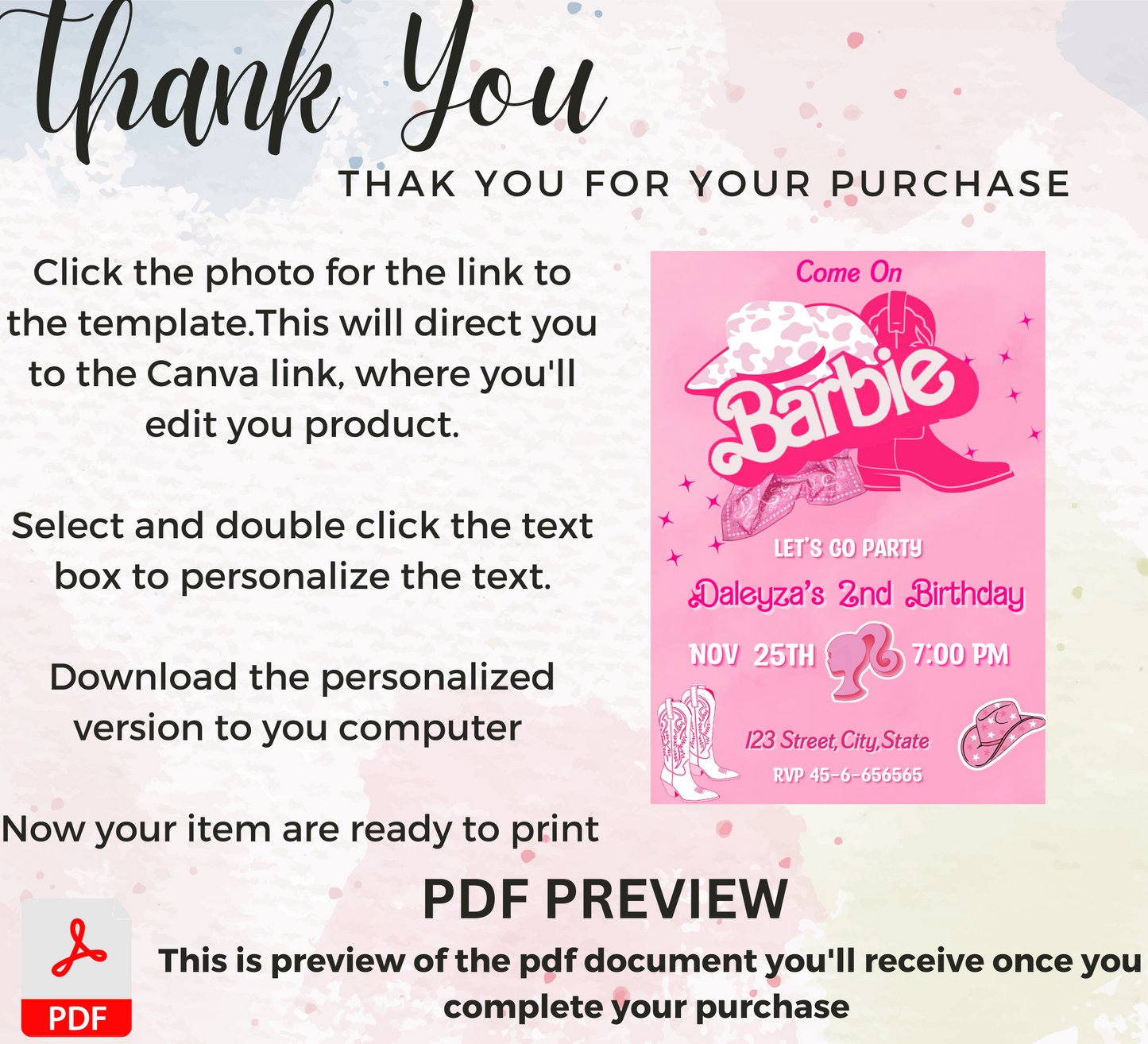 Barbie Cowboy Pink Birthday Invitation | Editable Canva Template | Western Themed Girls Party Invite | Printable Birthday Invitation