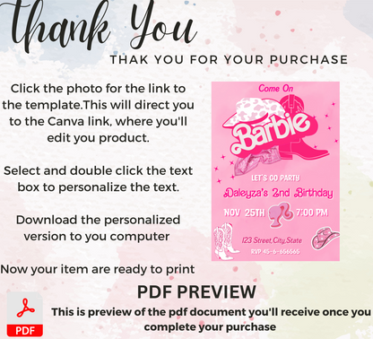 Barbie Cowboy Pink Birthday Invitation | Editable Canva Template | Western Themed Girls Party Invite | Printable Birthday Invitation