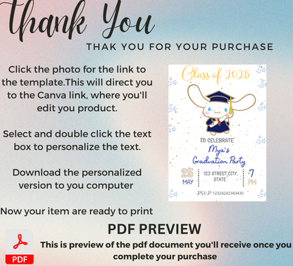 Cinnamoroll Kawaii Graduation Invitation | Kindergarten & School Graduation Party Invite | Editable Canva Template | Cute Printable Graduation Card