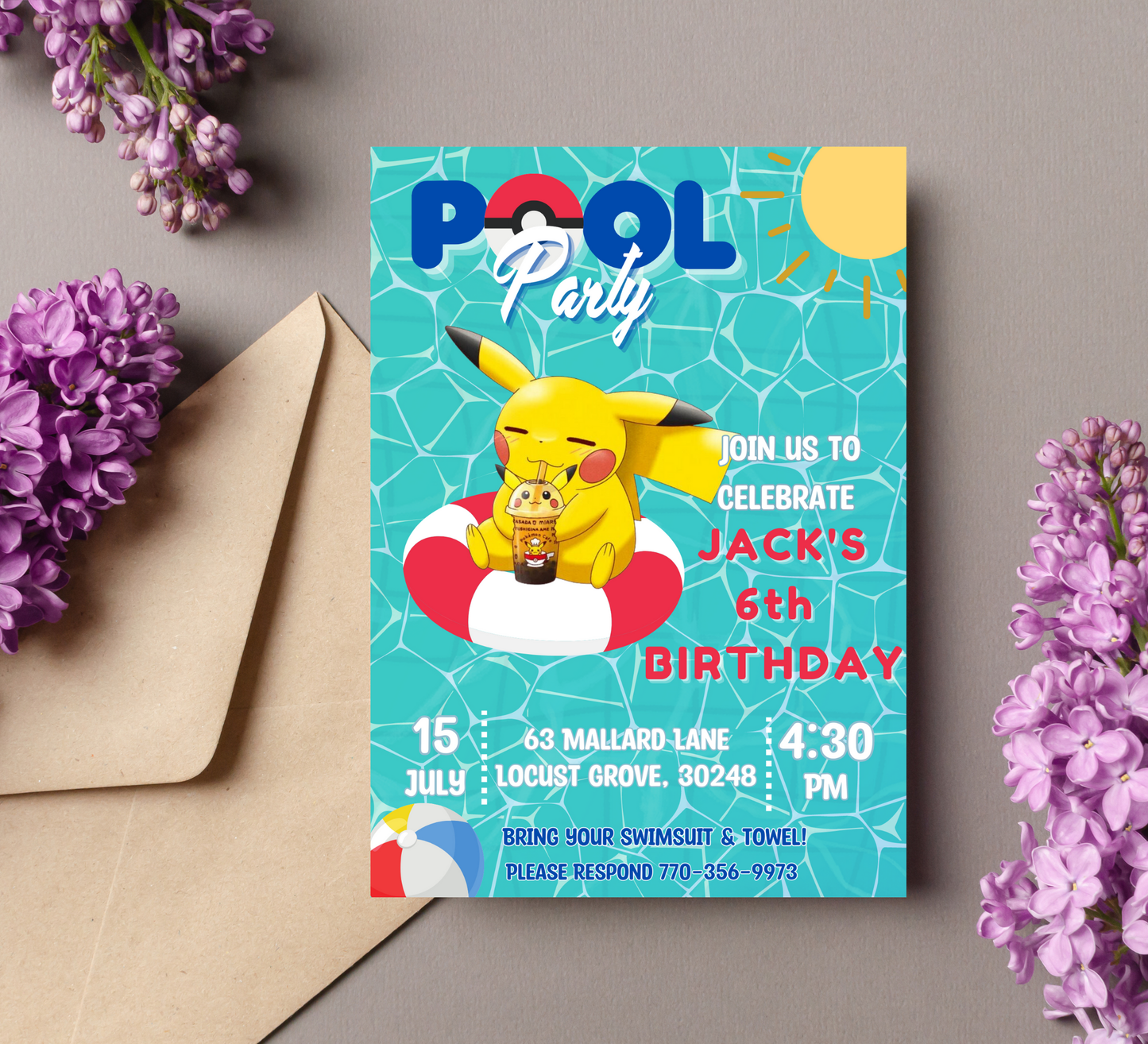 Pikachu Pool Pokémon Birthday Invitation | Summer Swim Party | Editable Canva Template