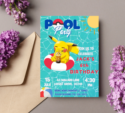 Pikachu Pool Pokémon Birthday Invitation | Summer Swim Party | Editable Canva Template