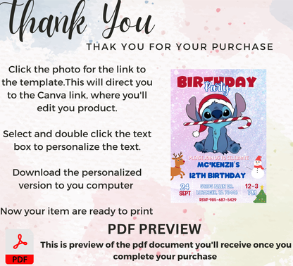Stitch Christmas Winter Birthday Invitation | Cute Holiday Party Invite | Editable Template