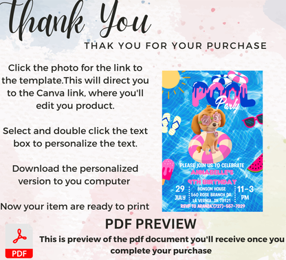 PAW Patrol Skye Pool Birthday Invitation | Pink Summer Splash Party | Editable Digital Template