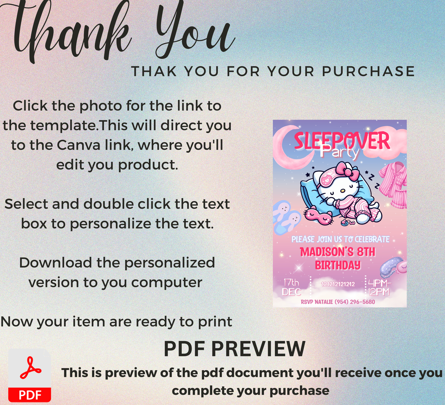 Hello Kitty Sleepover Gradient Slumber Birthday Invitation | Kawaii Girls Party | Editable Canva Template
