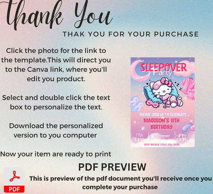 Hello Kitty Sleepover Gradient Slumber Birthday Invitation | Kawaii Girls Party | Editable Canva Template