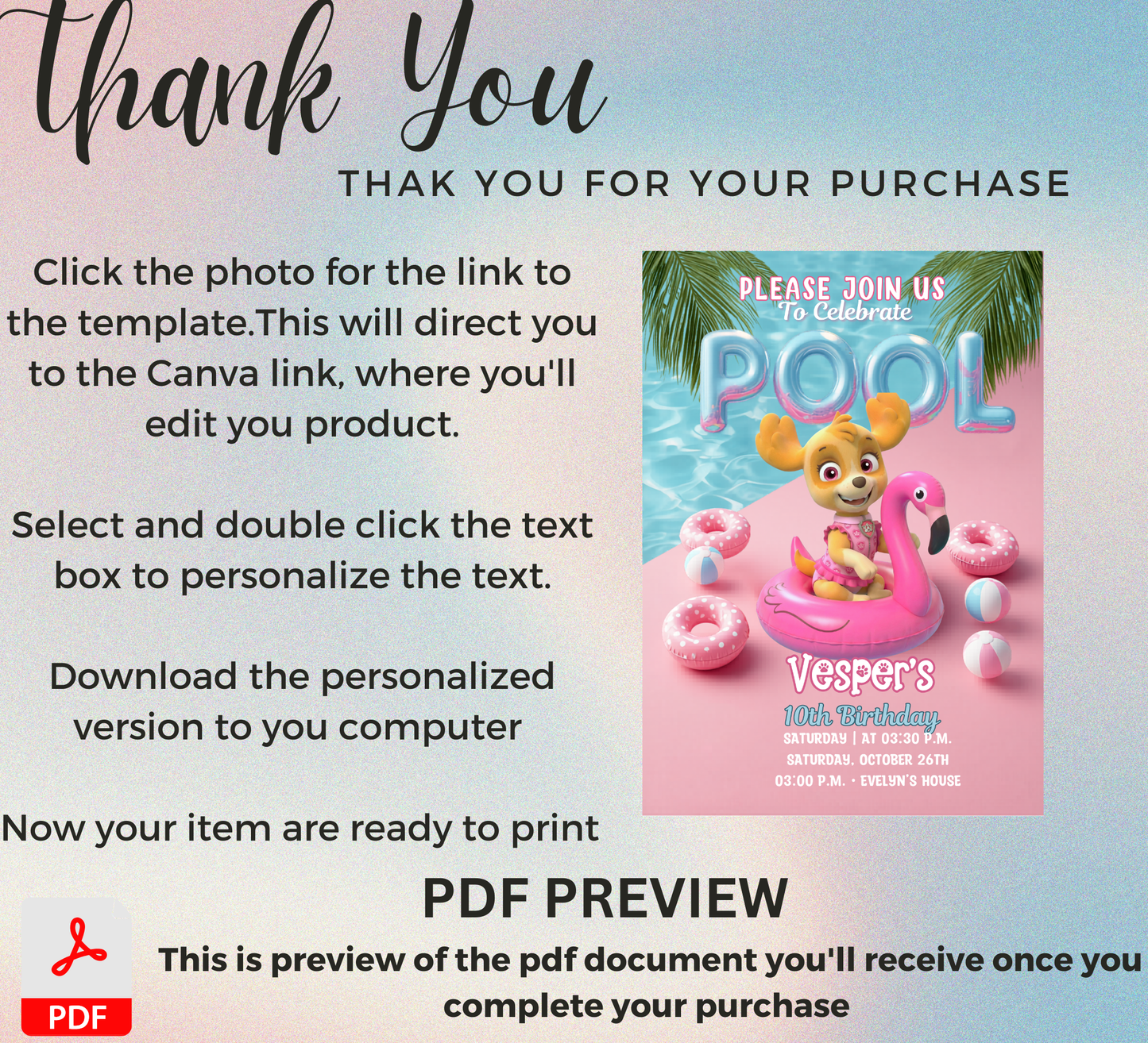Skye PAW Patrol Pool Birthday Invitation – Editable Canva Template – Pink Girl’s Summer Swim Party Invite – High-Flying Splash Birthday Invitation