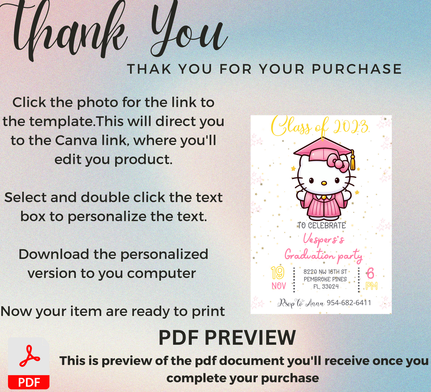 Hello Kitty Pink Graduation Invitation for Kids | Editable Canva Template | Cute Kawaii Graduation Party Invite | Printable Celebration Invitation