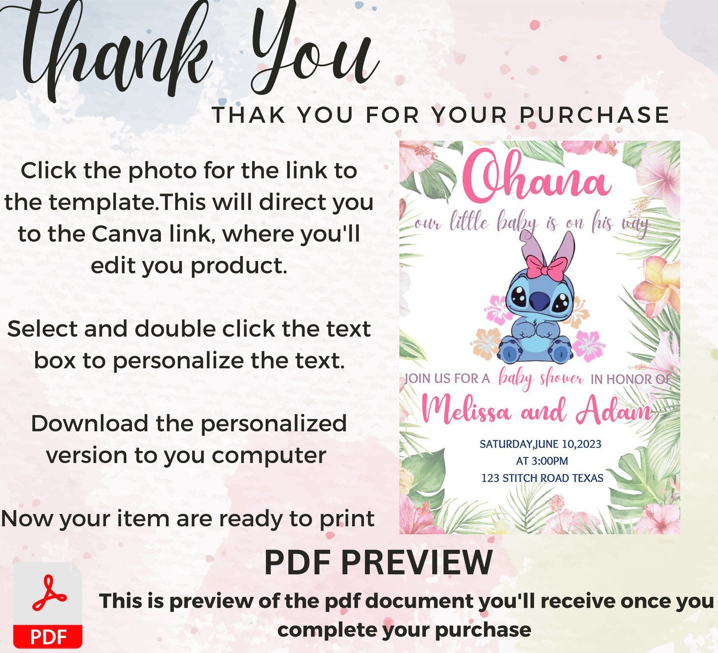 Stitch Pink Aloha Hawaii Baby Shower Invitation | Tropical Girl Baby Shower | Editable Invite