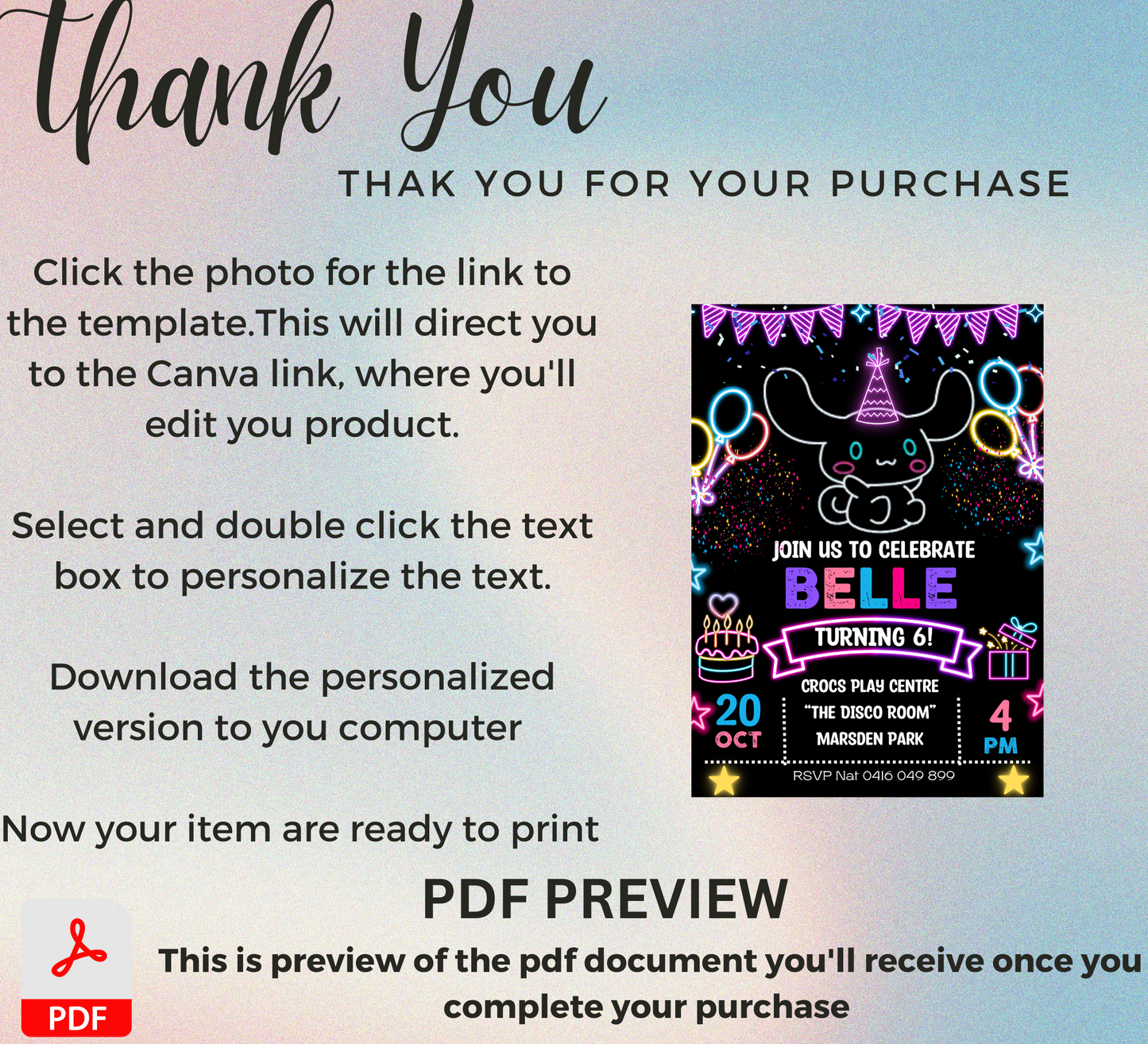 Kawaii Cinnamoroll Neon Birthday Invitation | Editable Canva Template | Cute Glow Party Invite | Printable Sanrio Birthday Invitation