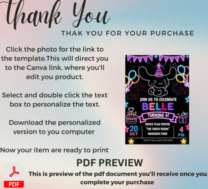 Kawaii Cinnamoroll Neon Birthday Invitation | Editable Canva Template | Cute Glow Party Invite | Printable Sanrio Birthday Invitation