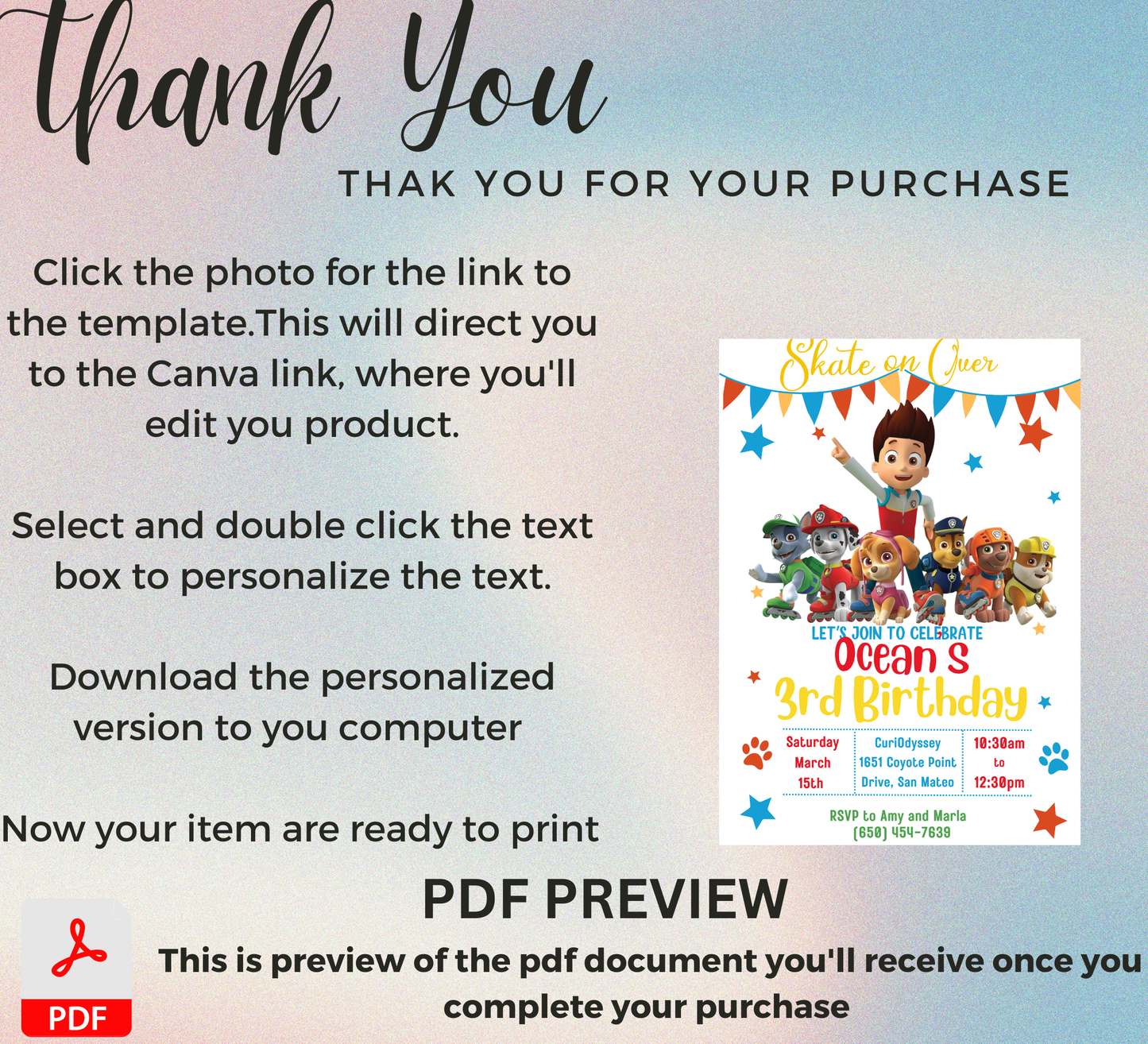 PAW Patrol PAAWty Roller Skating Birthday Invitation 🛼🐾 | Skating Party Invite | Editable Canva Template