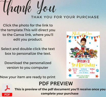 PAW Patrol PAAWty Roller Skating Birthday Invitation 🛼🐾 | Skating Party Invite | Editable Canva Template