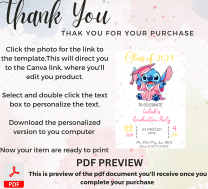Stitch Pink Graduation Invitation | Kindergarten & School Celebration | Cute Editable Canva Template | Girls Graduation Party Printable