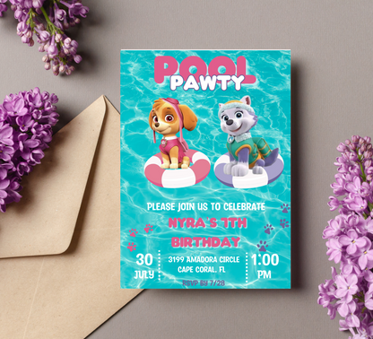 Paw Patrol Skye & Everest Pool Birthday Invitation | Girl Swim Party Invite | Editable Canva Template | Printable Summer Birthday Invitation