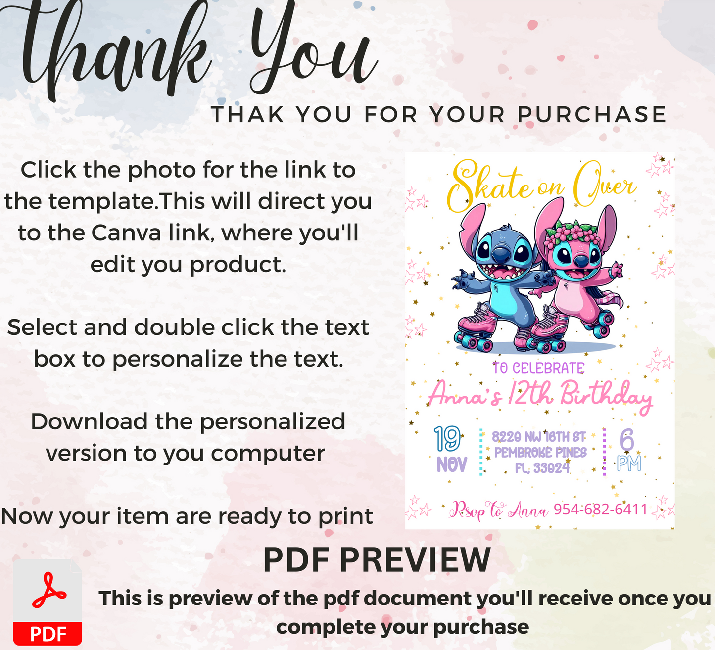 Lilo & Stitch Roller Skating Invitation | Retro Roller Disco Party Template Editable Canva Template | Stitch on Wheels Birthday Invite