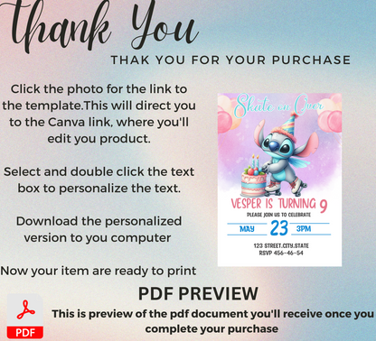 Stitch Watercolor Roller Skating Birthday Invitation | Editable Canva Template | Cute Kids Party Invite | Printable Birthday