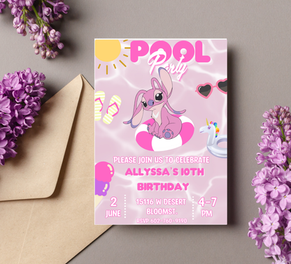 Stitch Angel Pink Pool Birthday Invitation | Cute Summer Party | Editable Digital Invite