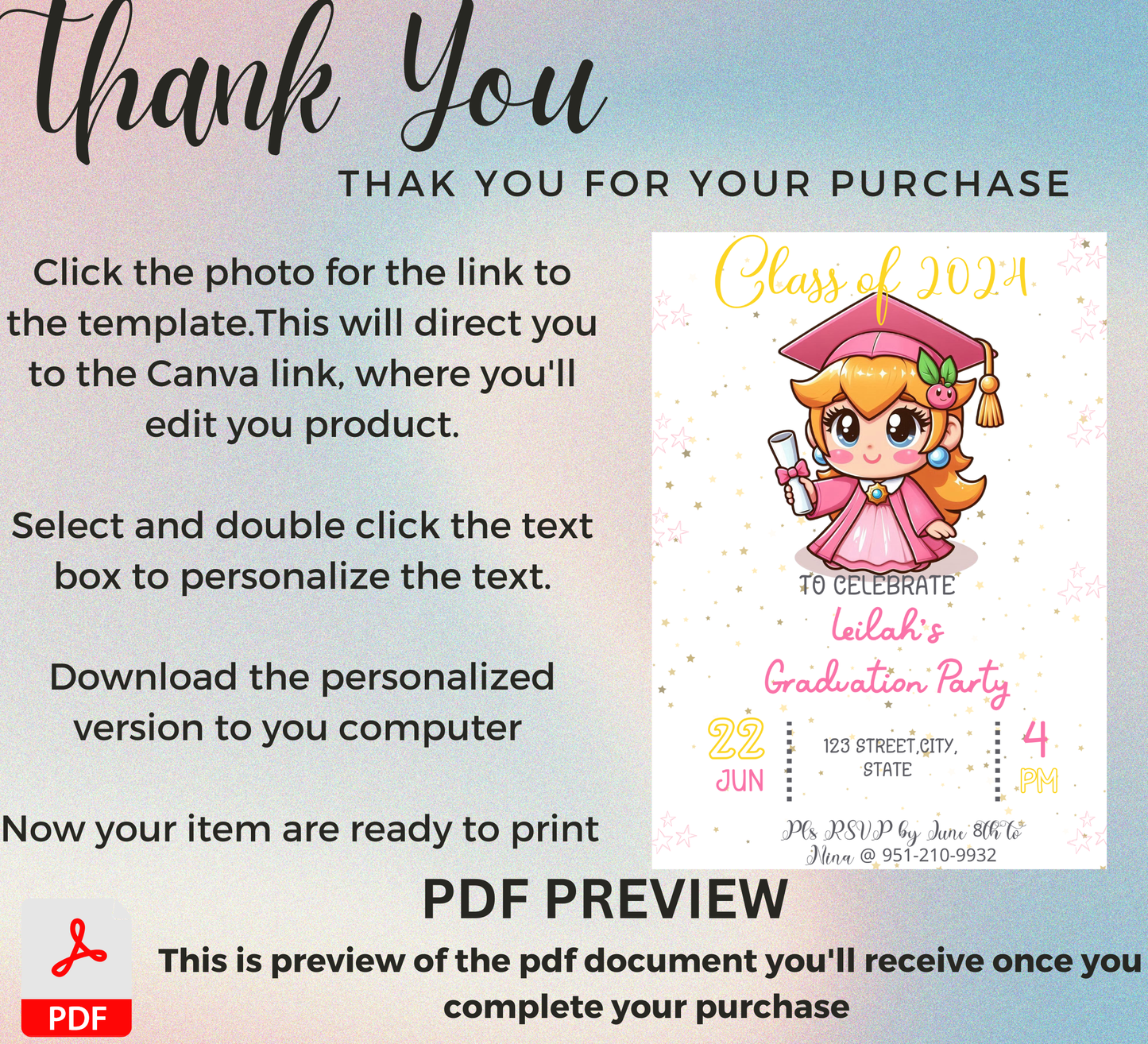 Princess Peach Mario Brothers Graduation Invitation | Kindergarten & School Invite | Editable Canva Template | Level Up