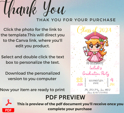 Princess Peach Mario Brothers Graduation Invitation | Kindergarten & School Invite | Editable Canva Template | Level Up