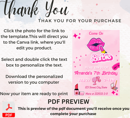 Barbie Spa Pink Birthday Invitation | Glam Makeover Party Invite | Editable Template