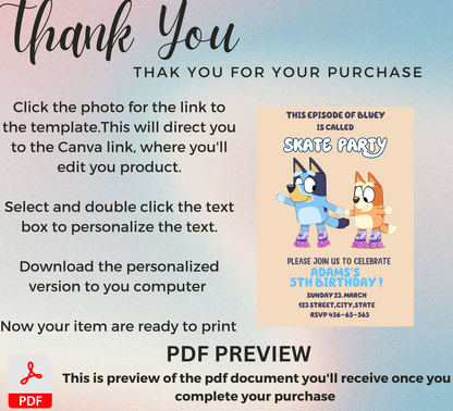 Bluey Roller Skating Birthday Invitation | Skating Rink Party Invite | Editable Canva Template | Fun Bluey Birthday Invitation