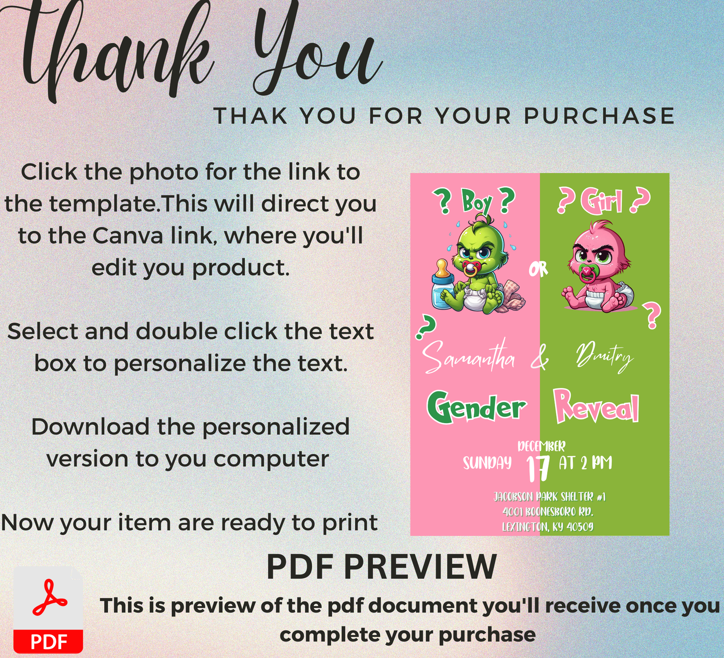 Grinch Pink & Green Christmas Gender Reveal Invitation | Cute Holiday Reveal | Editable Template