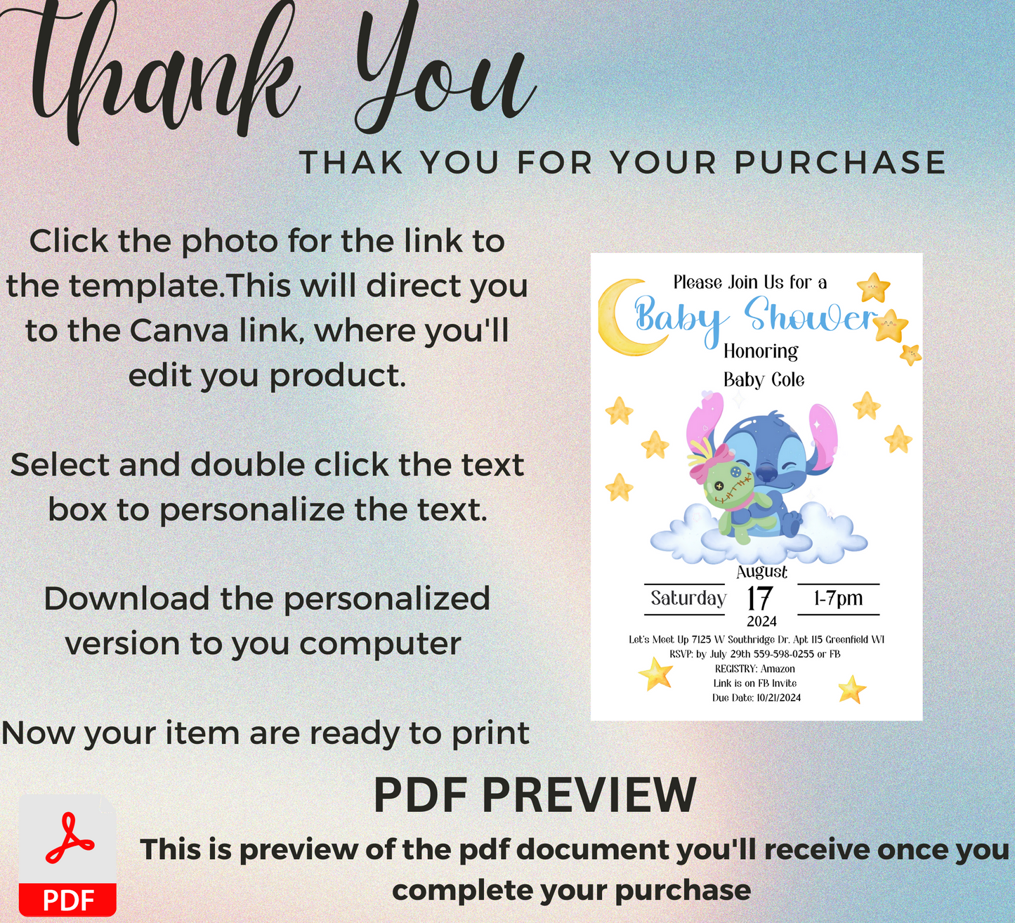 Stitch Baby Shower Invitation | Cute Blue Baby Shower Invite | Editable Canva Template | Printable Baby Shower Card
