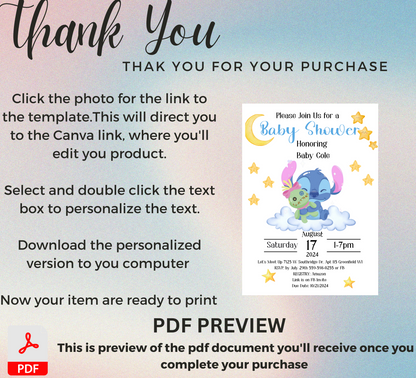 Stitch Baby Shower Invitation | Cute Blue Baby Shower Invite | Editable Canva Template | Printable Baby Shower Card
