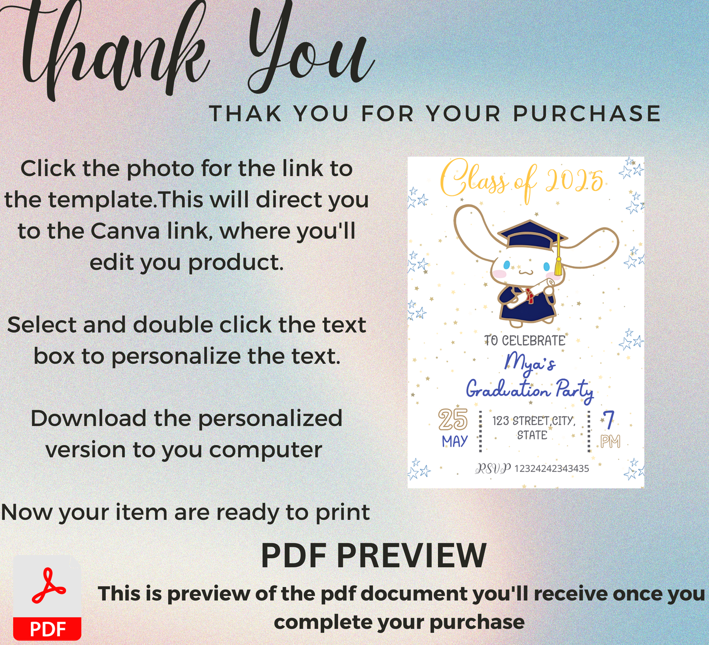 Cinnamoroll Kawaii Graduation Invitation | Kindergarten & School Invite | Editable Canva Template | Cute Aesthetic Class