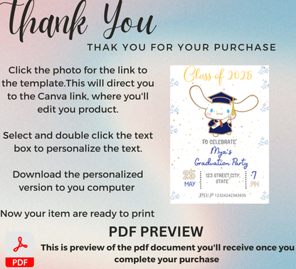 Cinnamoroll Kawaii Graduation Invitation | Kindergarten & School Invite | Editable Canva Template | Cute Aesthetic Class