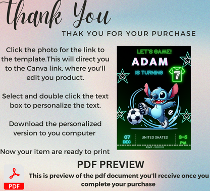 Stitch Neon Football Birthday Invitation | Editable Canva Template | Kawaii Sports Party Invite | Printable Kids Birthday Invitation