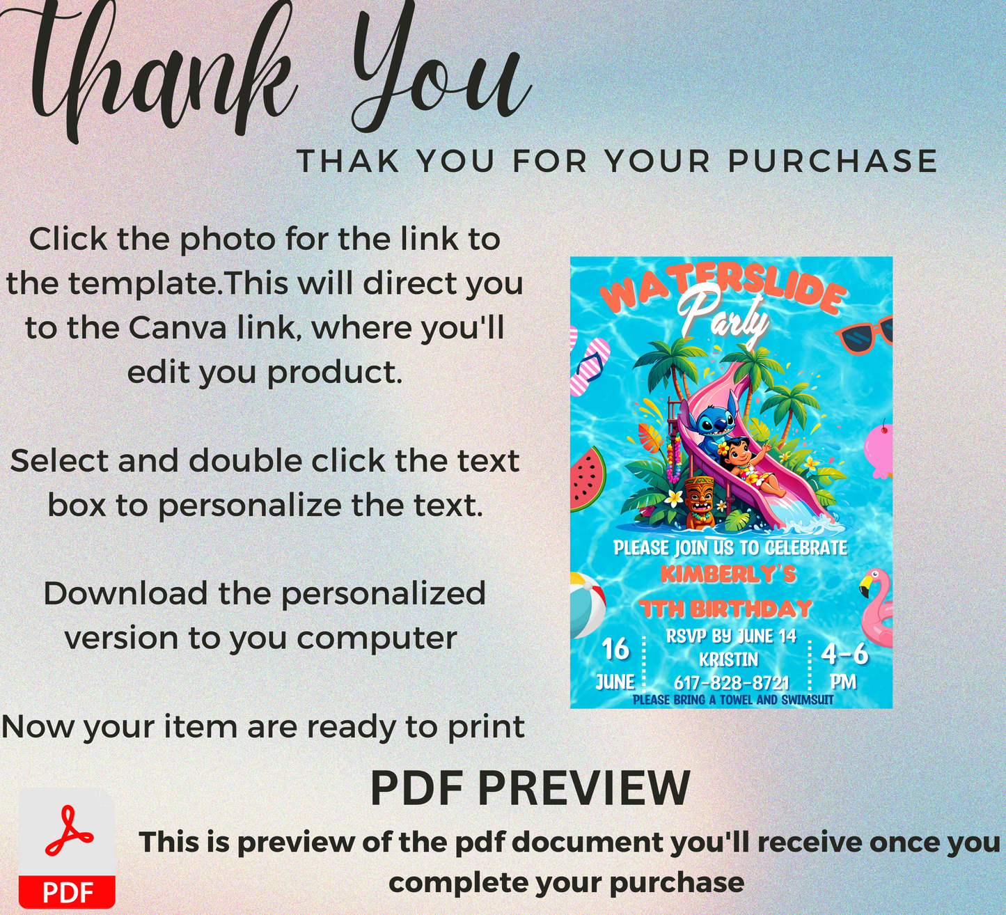 Stitch & Lilo Tropical Waterslide Birthday Invitation | Hawaiian Pool Party Invite | Editable Canva Template | Aloha Summer Birthday Printable