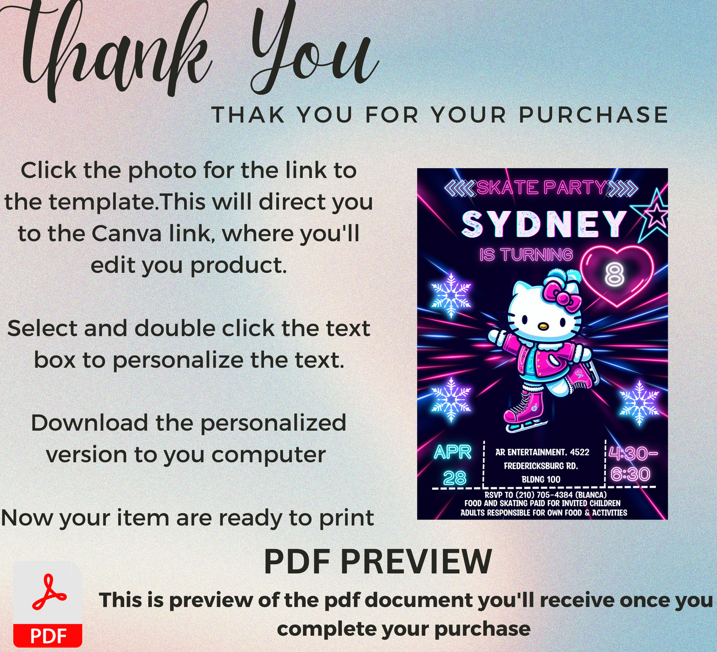 Hello Kitty Ice Skating Winter Birthday Invitation | Editable Canva Template | Kawaii Snow Party Invite | Printable Girls Birthday Invitation