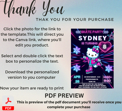Hello Kitty Ice Skating Winter Birthday Invitation | Editable Canva Template | Kawaii Snow Party Invite | Printable Girls Birthday Invitation