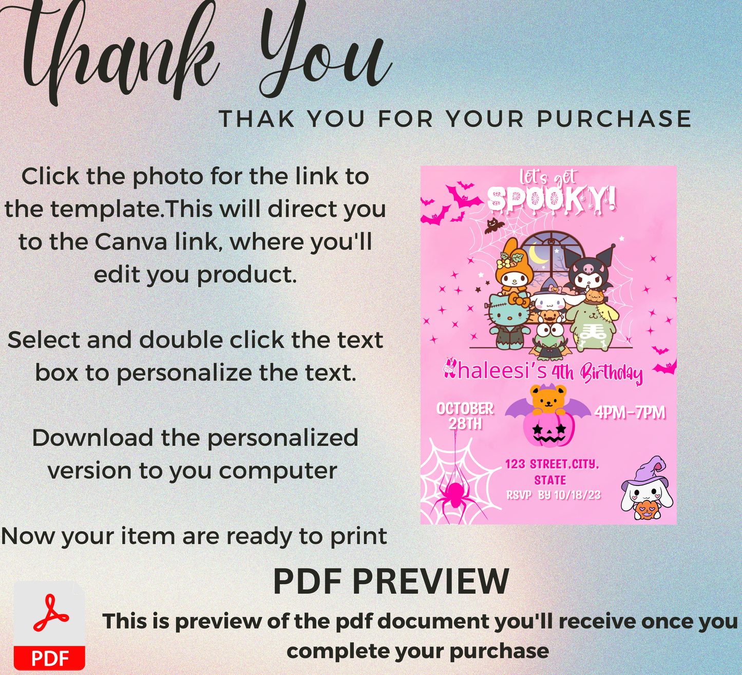 Hello Kitty My Melody Kuromi Pink Halloween Invitation | Kawaii Spooky Birthday Invite | Editable Canva Template | Pastel Goth Party
