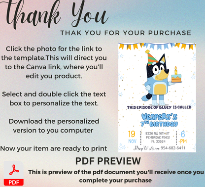 Bluey Heeler Dog Birthday Invitation | Editable Canva Template | Kids Party Invite | Printable Bluey Theme Birthday Invitation