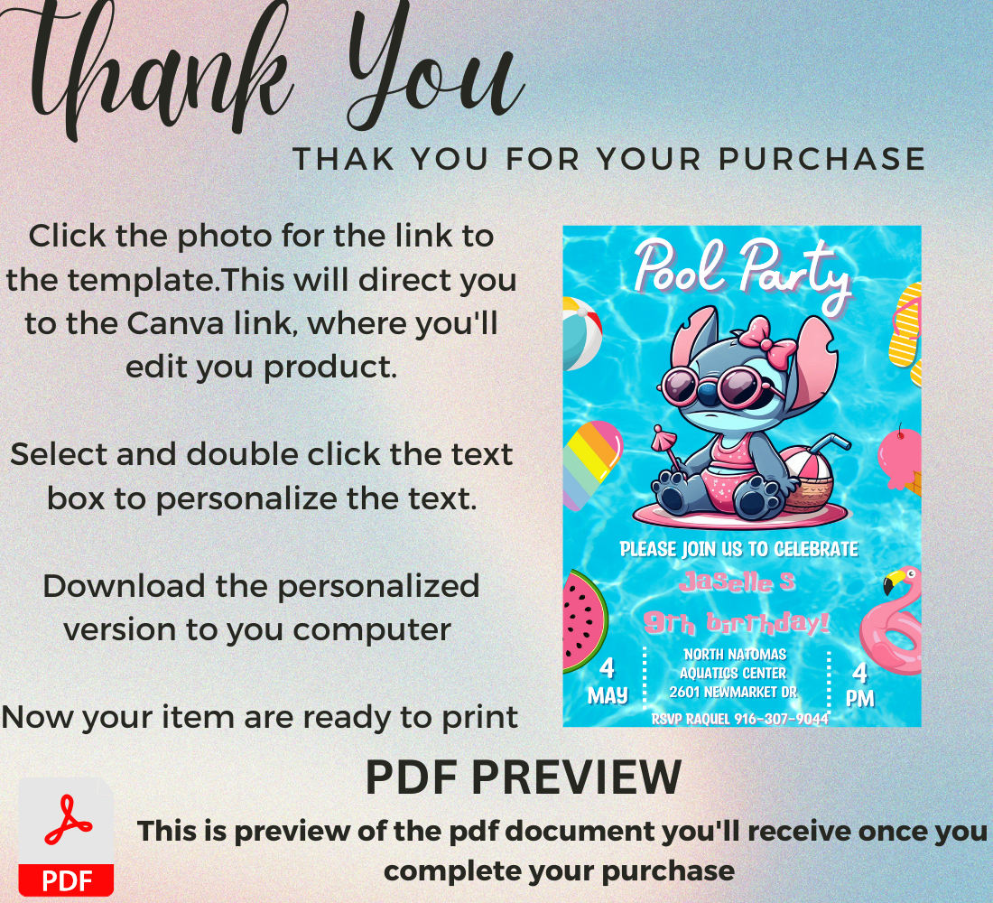 Stitch Pool Birthday Invitation | Tropical Swim Party Invite | Editable Canva Template | Cute Summer Stitch Birthday Invitation