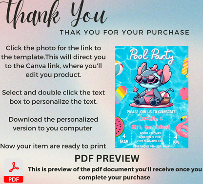 Stitch Pool Birthday Invitation | Tropical Swim Party Invite | Editable Canva Template | Cute Summer Stitch Birthday Invitation